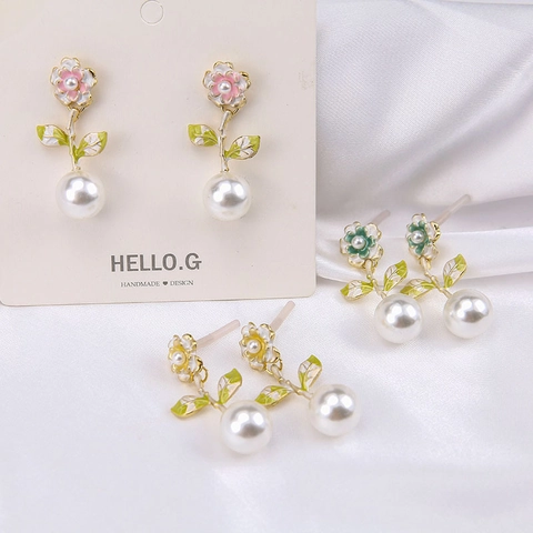 Legierung Emaille Blume Künstliche Perle Ohrhänger Mit 925 Sterling Silber Ohrstecker-Stift Floral Blatt Damen Schmuck