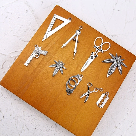 Alloy Antique Silver Tool Pendants DIY Jewelry Making Accessories For Necklace Bracelet Scissors Pistol Ruler Compass Leaf Handcuff Charms