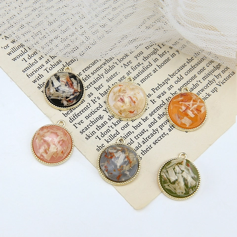 Vintage Round Alloy Resin Dried Flower Pendant For DIY Jewelry Making Handmade Earring Necklace Enamel Accessory
