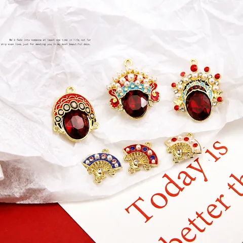 Alloy Enamel Beijing Opera Mask Fan Pendants Artificial Pearl Rhinestone Chinese Style Jewelry Making Accessories For DIY Earrings Necklace