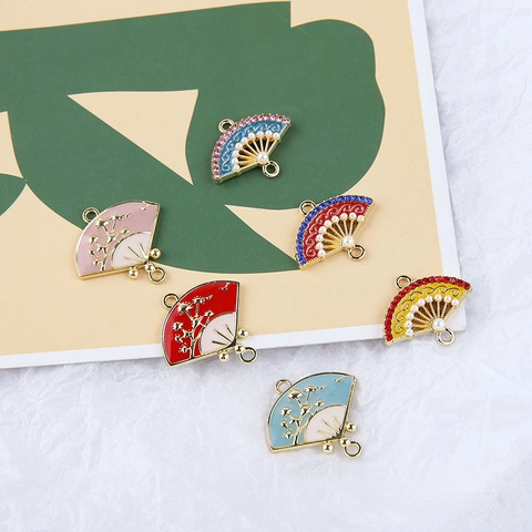 Chinese Style Fan Shaped Alloy Pendant Enamel Artificial Pearl Rhinestone Charms For DIY Earrings Necklace Jewelry Making