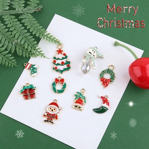 DIY Christmas Enamel Alloy Charms For Jewelry Making Santa Claus Tree Snowman Bell Wreath Sock Pendants Holiday Decoration Accessory
