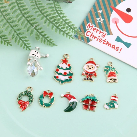 DIY Christmas Enamel Alloy Charms For Jewelry Making Santa Claus Tree Snowman Bell Wreath Sock Pendants Holiday Decoration Accessory