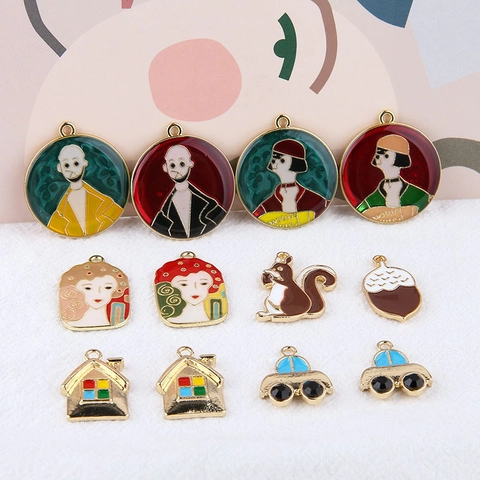 Handmade DIY Alloy Enamel Charms Artistic Portrait Squirrel Pinecone House Small Car Pendants For Jewelry Making Accessories