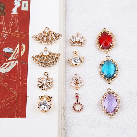 18K Gold Plated Copper Zirconia Pendants For DIY Jewelry Making Crown Snowflake Leaf Fan Shape Earrings Necklace Accessories For Women