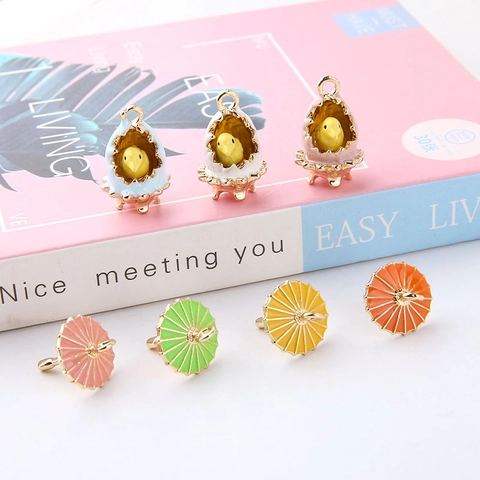 Cute Alloy Enamel Eggshell Chicken Umbrella Charms For DIY Jewelry Making Mini Macaron Color Drip Oil Earrings Pendant Accessories