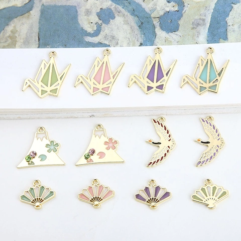 Alloy Enamel Drip Oil Origami Paper Crane Fan Fuji Mountain Charms For DIY Earrings Necklace Jewelry Making Pendants