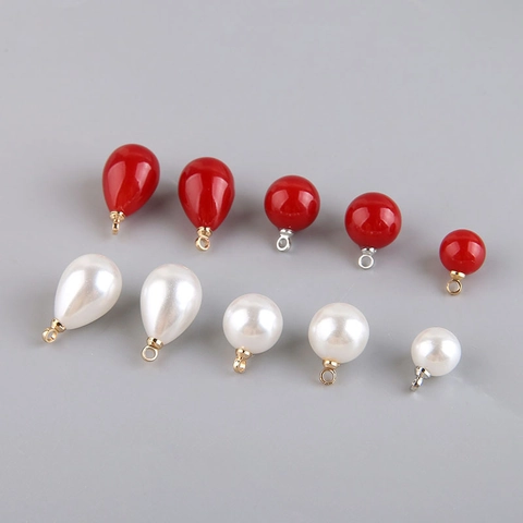 DIY Faux Artificial Pearl Teardrop Round Bead Pendants For Jewelry Making Earring Necklace Charms Red White Color Gold Silver Bail