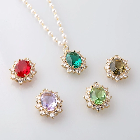 Vintage Alloy Oval Crystal Pendant With Rhinestone Halo For DIY Necklace Earring Making Palace Style Women Jewelry Accessories