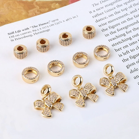 14K Gold Plated Copper Bow Pendant Rhinestone Inlaid Double Hole Circle Cylinder Beads For DIY Jewelry Making Findings