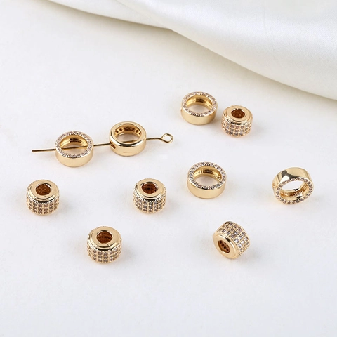 14K Gold Plated Copper Bow Pendant Rhinestone Inlaid Double Hole Circle Cylinder Beads For DIY Jewelry Making Findings