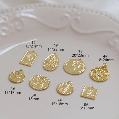 Vintage Alloy 18K Gold Plated Coin Pendant Relief Portrait Floral Star Charm For DIY Jewelry Earrings Making Accessory