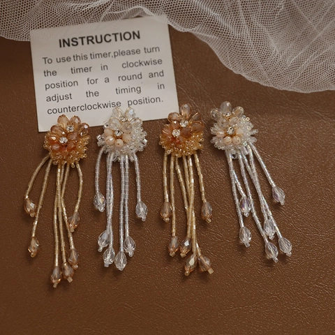 Handmade Alloy Flower Tassel Beaded Pendant For DIY Earrings Jewelry Making Rhinestone Long Fringe Flower Charms Accessories