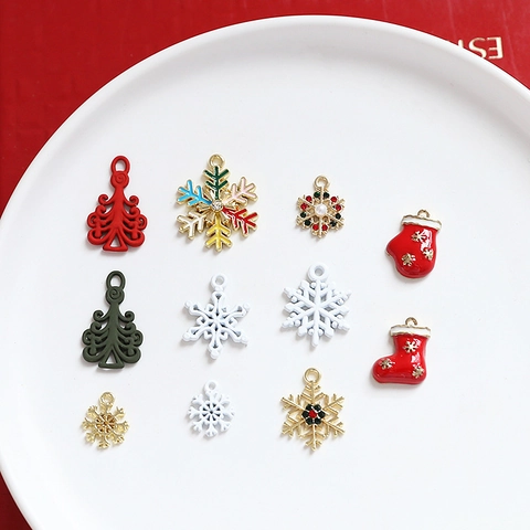 Christmas Alloy Drip Oil Pendants Snowflake Tree Glove Sock Charms For DIY Jewelry Making Earrings Bag Accessories Rhinestone Pearl