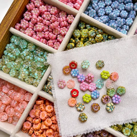 Vintage Czech Glass Flower Beads For DIY Jewelry Making Floral Loose Beads With Gold Edged Picasso Style Craft Accessories