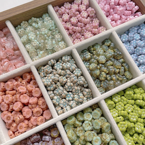Vintage Czech Glass Flower Beads For DIY Jewelry Making Floral Loose Beads With Gold Edged Picasso Style Craft Accessories