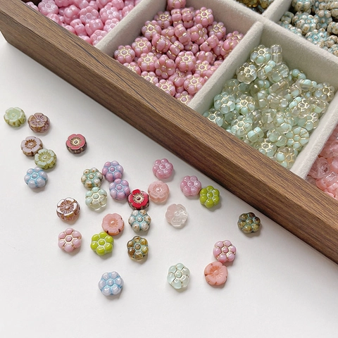 Vintage Czech Glass Flower Beads For DIY Jewelry Making Floral Loose Beads With Gold Edged Picasso Style Craft Accessories