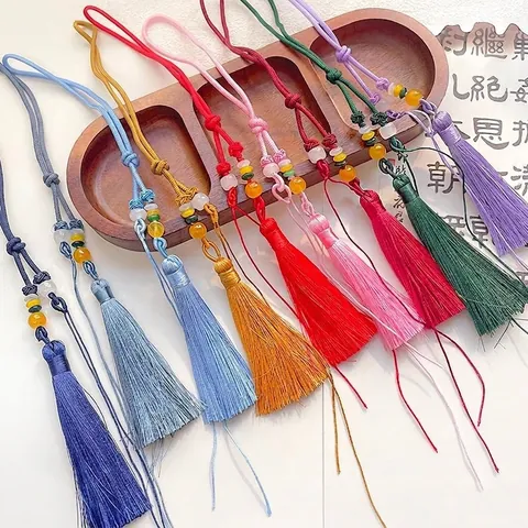 Gland en Polyester Fait à la Main de Style Chinois Accessoire DIY Avec Nœud Chinois et Perles Décoratives Pendentif d'Éventail
