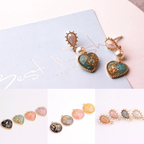 DIY Alloy Jewelry Findings Gold Foil Resin Heart Round Water Drop Charms Pendants For Earring Necklace Bracelet Accessories