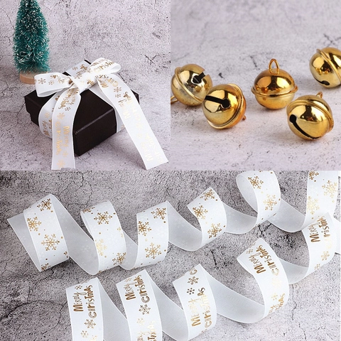Christmas White Grosgrain Ribbon With Gold Snowflake Merry Christmas Pattern Gold Bell DIY Gift Wrapping Holiday Decor