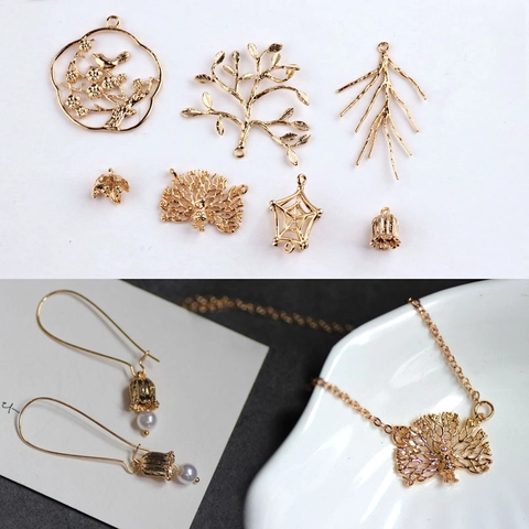 18K Gold Plated Copper DIY Jewelry Findings Peacock Tree Branch Flower Leaf Pendants For Earrings Necklace Making Accessories