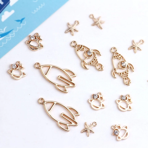 DIY Sieraden Legering Strass Raket Planeet Zeester Hangers Voor Oorbellen Ketting Maken Ruimte Astronaut Goud Zilver Hangers