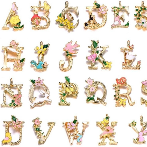 Colgantes de Letras del Alfabeto de Aleación de Esmalte Chapados en Oro con Iniciales Florales para Joyería DIY