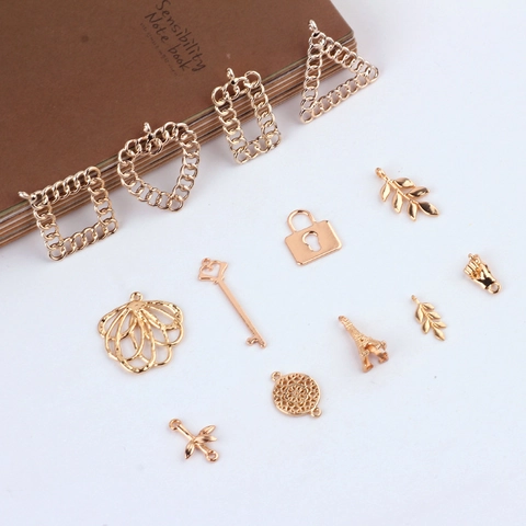 DIY Alloy Geometric Hollow Heart Key Lock Leaf Pendants For Earrings Bracelet Necklace Jewelry Making Gold Silver Electroplated Charms Accessories