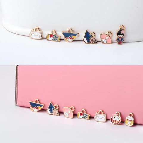 Japanese Style Alloy Enamel Charms For DIY Jewelry Making Lucky Cat Mount Fuji Kimono Doll Daruma Pendant Accessories