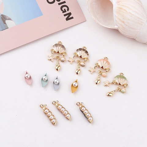 DIY Jewelry Making Alloy Enamel Ocean Shell Leaf Pea Pod Charms With Faux Artificial Pearl Pendants For Earring Necklace Bracelet