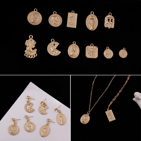 Vintage Alloy Coin Portrait Relief Pendants For DIY Jewelry Making Queen Elizabeth Religious Virgin Mary Gold Pendant Charms