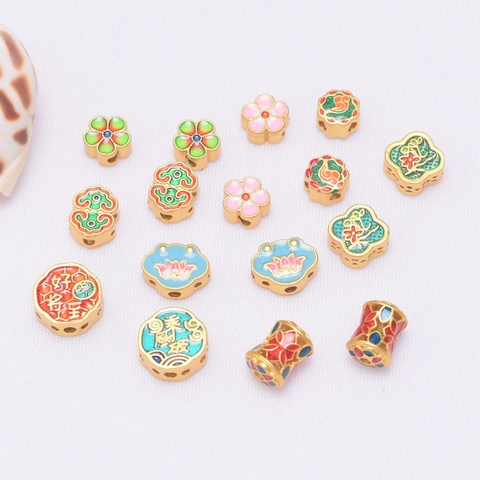 Vintage Copper Enamel Flower Lotus Spacer Beads Traditional Chinese Gold Plated Cloisonne Beads For DIY Jewelry Making Bracelet Accessories