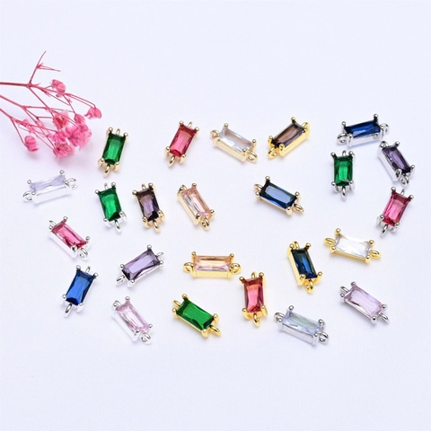 Rectangular Step Cut Zirconia Connector Pendants For DIY Jewelry Making Copper Link Findings 14K Gold Plated Bracelet Accessories