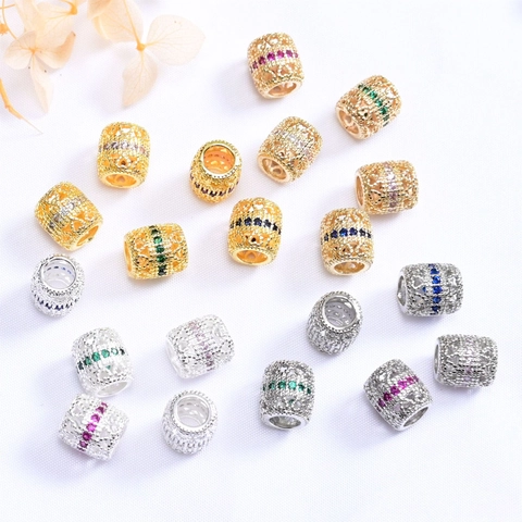 Perles d'Espacement Ovales Creuses en Cuivre Zirconia pour Bricolage Bijoux Plaqué Or 14K Breloques Cylindriques Accessoires