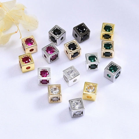 Copper Square Spacer Beads Micro Pave Rhinestone Cube Beads DIY Bracelet Stringing Beads Jewelry Making Accessories Gold Silver Plated