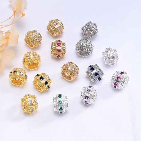 Copper Cubic Zirconia Hollow Filigree Flower Large Hole Beads DIY Bracelet Necklace Beading Jewelry Making Accessories Gold Silver Plated