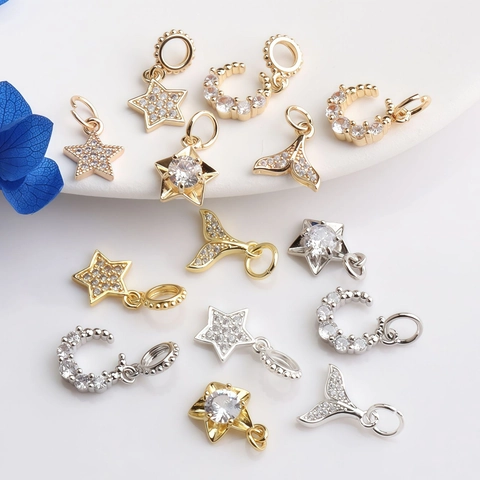 Copper Micro Inlaid Zircon Moon Star Fish Tail Charms Pendant Only Gold Silver Plated DIY Jewelry Making Accessories Material