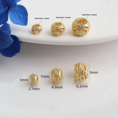 14K Gold Plated 925 Sterling Silver Round Hollow Spacer Beads With Zircon For DIY Jewelry Making Bracelet Necklace Accessory