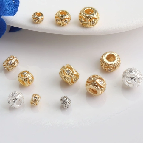 14K Gold Plated 925 Sterling Silver Round Hollow Spacer Beads With Zircon For DIY Jewelry Making Bracelet Necklace Accessory