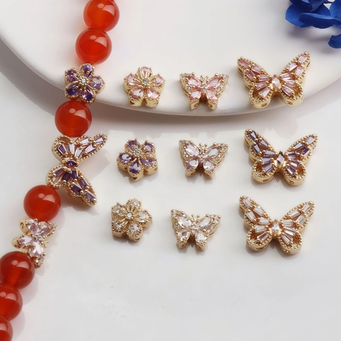 Breloques Papillon et Fleur en Cuivre Plaqué Or 14K Avec Zircone Incrustée Accessoires de Bijouterie DIY pour Bracelets Femmes