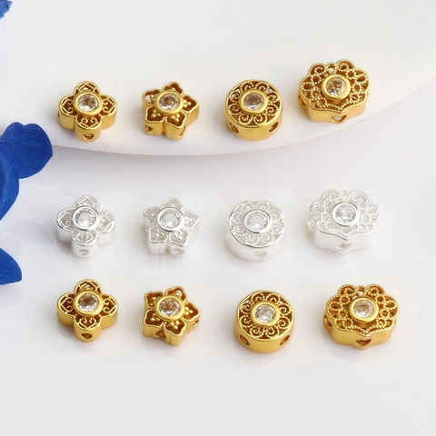 Gold Silver Plated Copper Hollow Flower Clover Spacer Beads With Zirconia For DIY Bracelet Necklace Jewelry Making Parts
