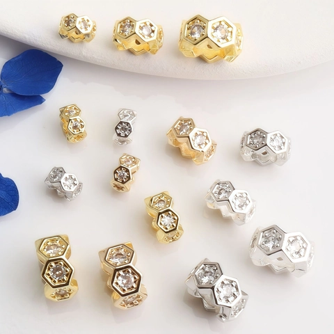 Perline Distanziatrici Esagonali a Nido d'Ape in Zirconia Micro Pave Rame Placcato Oro Perle Sciolte Per Fai da Te Collana Braccialetto