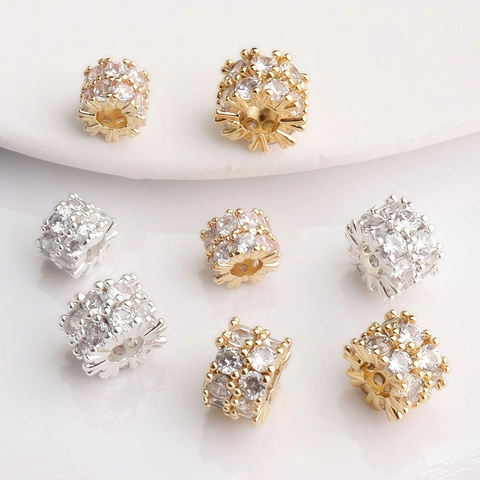 Copper 14K Gold Plated Rhinestone Pave Barrel Spacer Beads DIY Jewelry Findings Accessories For Bracelets Necklace Making