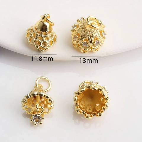 14K Gold Plated Copper Hollow Crown Christmas Bell Pendant Rhinestone Inlaid DIY Necklace Bracelet Jewelry Findings Accessories