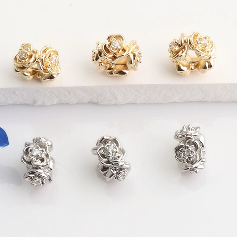 Copper Zirconia Rose Flower Spacer Beads 14K Gold Plated Electroplated Jewelry Charms For DIY Bracelet Necklace Making