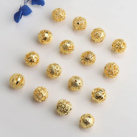 14K Gold Plated Hollow Copper Spacer Beads Vintage Metal Round Loose Beads For DIY Bracelet Necklace Jewelry Making Accessory