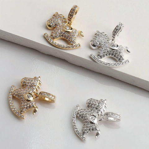 14K Gold Plated Rocking Horse Pendant Charm With Zirconia Inlay Copper Animal Charm For DIY Jewelry Making Women Accessory