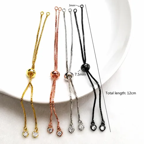 Copper Zirconia Box Chain Adjustable Bracelet Semi-Finished Findings Gold Silver Rose Gold Black Heart Zirconia Bracelet