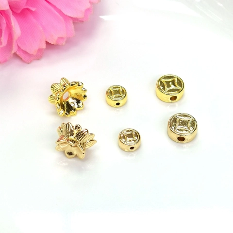 14K Gold Plated Alloy Flower Bead Cap Lotus Petal Chinese Coin Spacer Beads For DIY Bracelet Necklace Jewelry Making Findings
