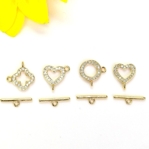 14K Gold Filled Cubic Zirconia Clover Heart Toggle Clasp Connection Buckle For DIY Necklace Bracelet Jewelry Findings Accessory